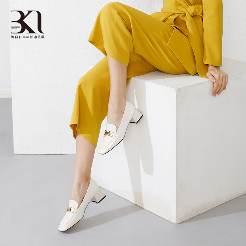 BAKERLOO英伦复古女鞋方跟圆头金属圆扣深口单鞋羊油皮休闲乐福鞋