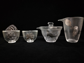 华艺银坊 荷塘月色四件套 家用茶杯会客茶杯 人工无铅玻璃杯