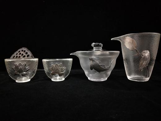 华艺银坊 荷塘月色四件套 家用茶杯会客茶杯 人工无铅玻璃杯 商品图0