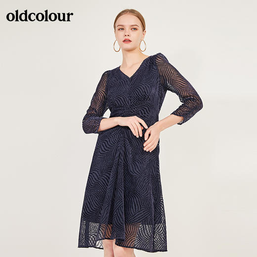 oldcolour春季女人气质抽绳修身收腰V领中长款连衣裙N12103273 商品图3
