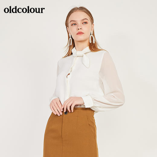 oldcolour春季新款纯色简约气质领结设计长袖衬衫女N11013134 商品图1