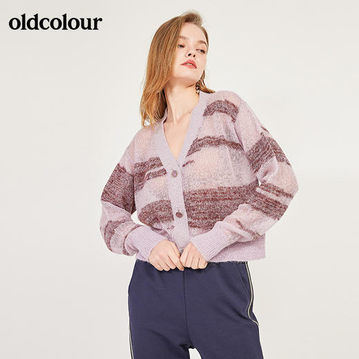 oldcolour春季轻薄款含羊毛马海毛条纹休闲短款小开衫女N12053260 商品图4