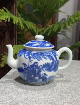 柴窑青花仙寿图人物壶