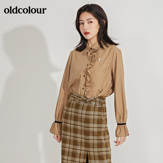 oldcolour春季新品格子复古气质花边门襟长袖衬衫女GN11013607 商品图2