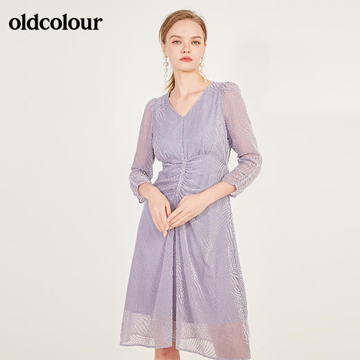 oldcolour春季女人气质抽绳修身收腰V领中长款连衣裙N12103273 商品图1