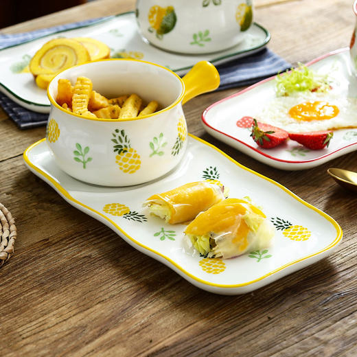 日式手柄陶瓷碗早餐碗盘家用创意草莓沙拉碗一人食餐具碗碟套装 商品图6