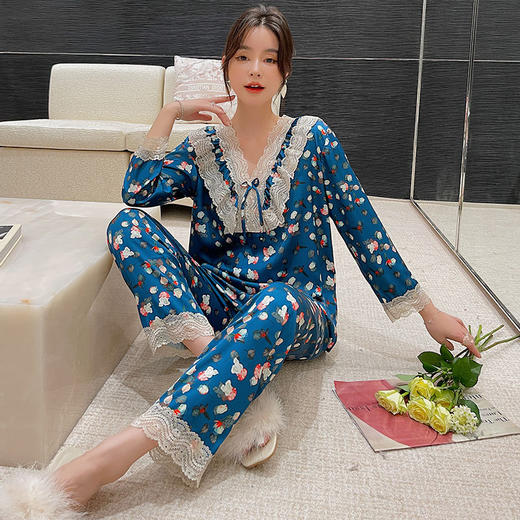 BABY YEON 直播网红冰丝睡衣女春秋新款不规则字母韩版条纹女夏天长袖家居服 商品图3