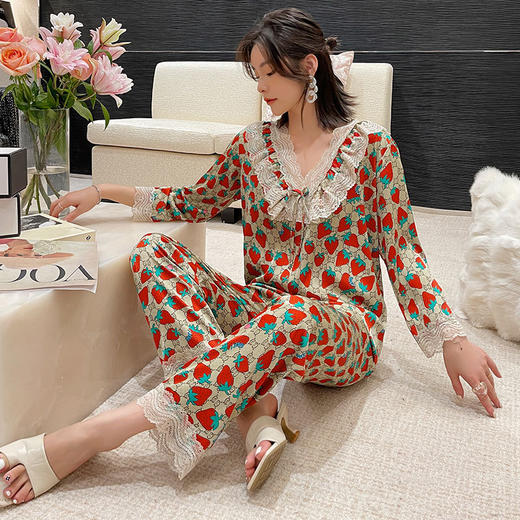 BABY YEON 直播网红冰丝睡衣女春秋新款不规则字母韩版条纹女夏天长袖家居服 商品图7