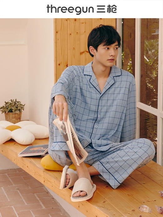 Threegun三枪 【水柔棉】翻领开襟长袖长裤男士家居套家居服-81653D011 商品图3