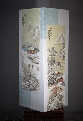 粉彩雪景四方镶器