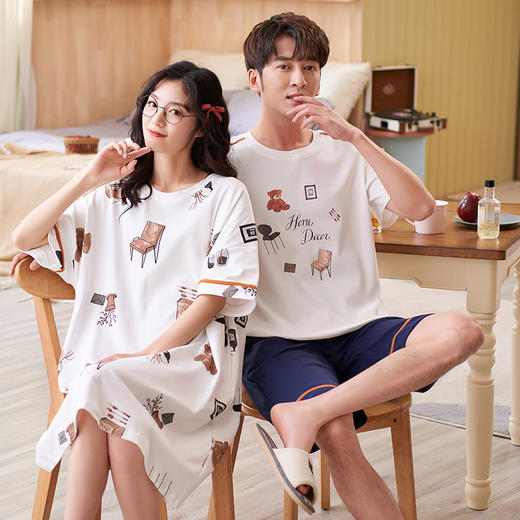 BABY YEON 2022夏季情侣睡衣简约舒适纯棉连衣睡裙夫妻居家可外穿家居服 商品图4
