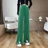 绿色阔腿裤女2022春高腰垂感针织直筒裤灯芯绒显瘦开叉长裤子  HMQW7156 商品缩略图0