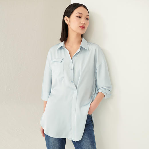 inandon女装春夏新款丝质系带两穿衬衫女收腰显瘦落肩中长上衣21226 商品图2