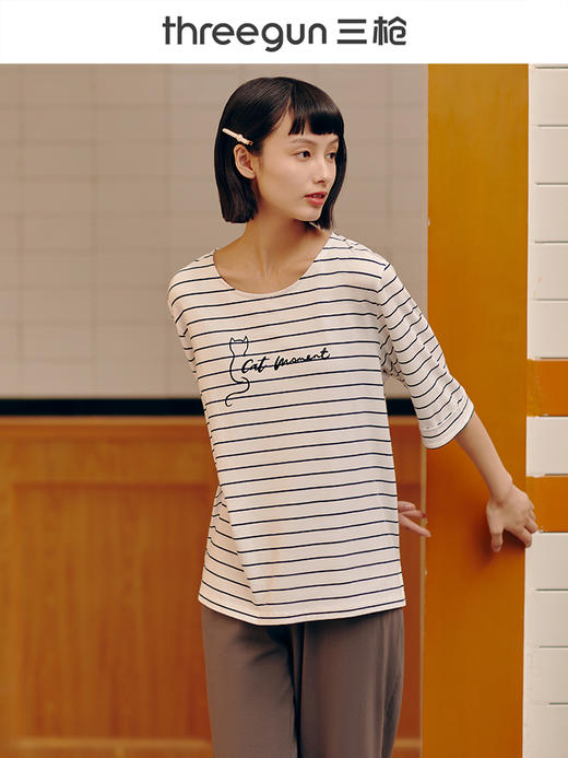 Threegun三枪 【爽滑密棉】彩条圆领女士中袖上衣打底衫-23756A011 商品图2