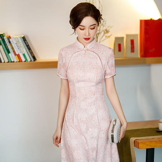 新款中长款粉色提花开叉改良中国风礼服旗袍连衣裙 ST-B2076 商品图0