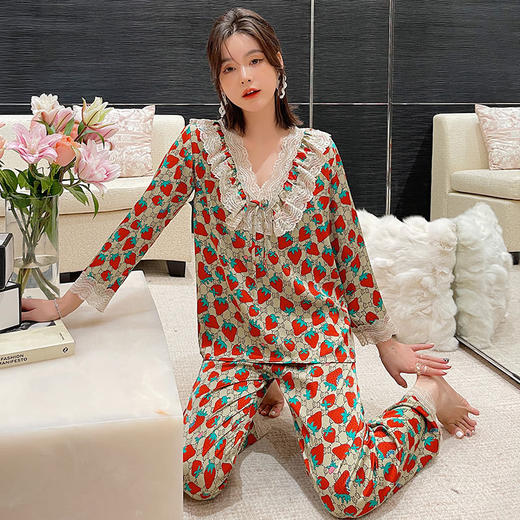 BABY YEON 直播网红冰丝睡衣女春秋新款不规则字母韩版条纹女夏天长袖家居服 商品图2