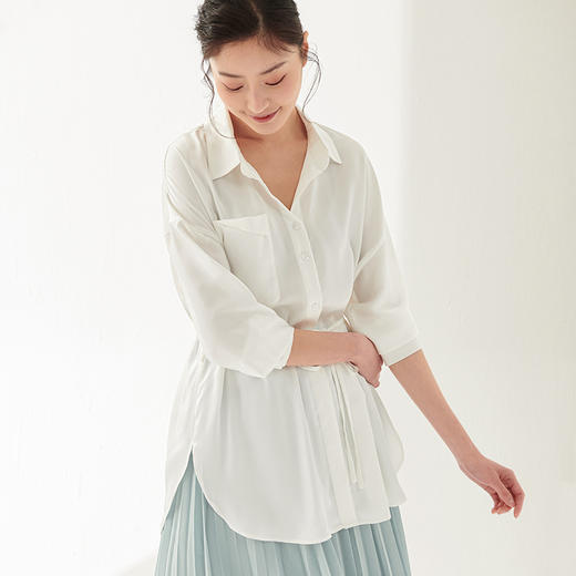 inandon女装春夏新款丝质系带两穿衬衫女收腰显瘦落肩中长上衣21226 商品图3