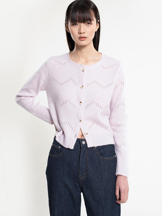 2022新款拉毛丝羊绒7针双股镂空提花圆领开衫 商品图0