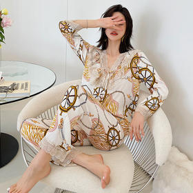 BABY YEON 直播网红冰丝睡衣女春秋新款不规则字母韩版条纹女夏天长袖家居服