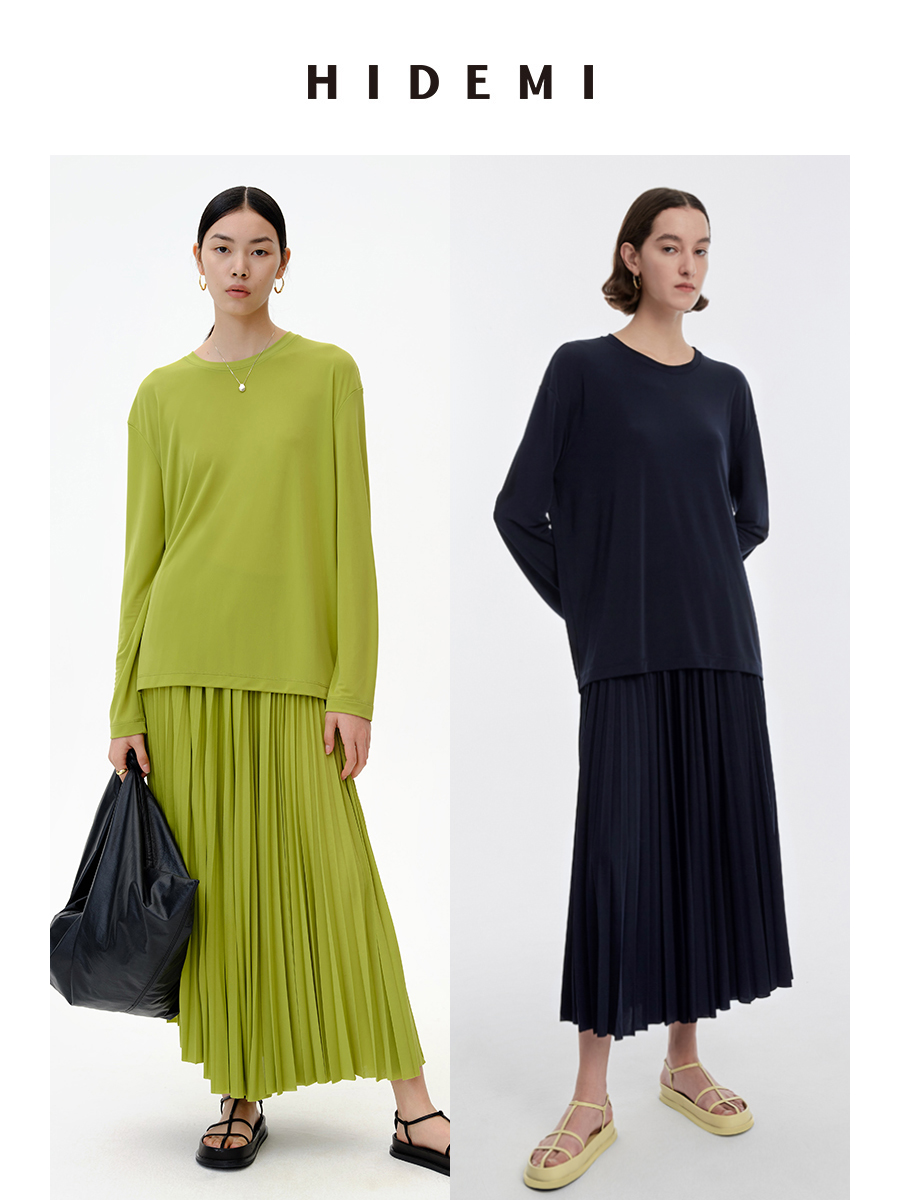 HIDEMI 呼吸感套装  长袖T恤/百褶裙 牛油果绿/夜空蓝