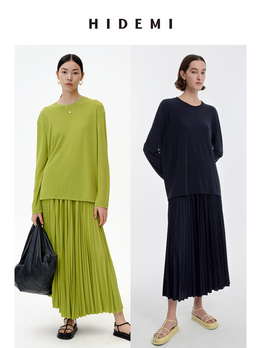 HIDEMI 呼吸感套装  长袖T恤/百褶裙 牛油果绿/夜空蓝 商品图0