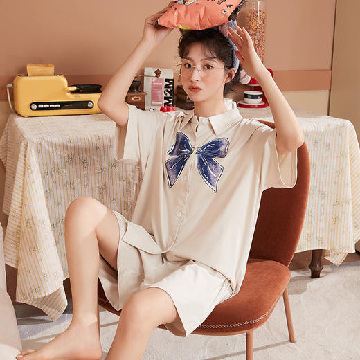 BABY YEON 简约开衫短裤睡衣女网红ins蝴蝶结甜美居家可外穿家居服代发 商品图5