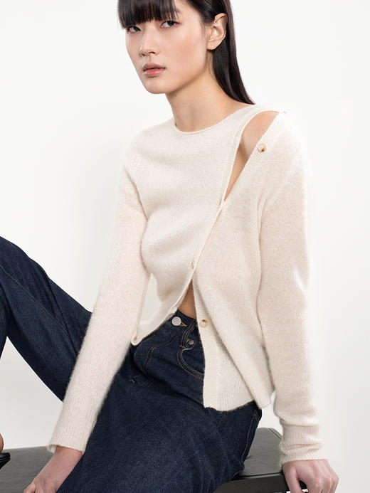 2022新款拉毛丝羊绒7针单股稀针斜襟假式开衫 商品图0