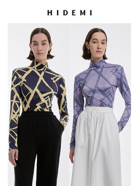 HIDEMI 几何印花弹力打底上衣 蓝⻩/紫灰