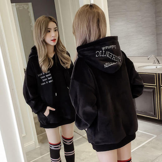 双面金丝绒秋冬季新款韩版时尚百搭显瘦中长款连帽卫衣女外套加绒加厚 商品图4