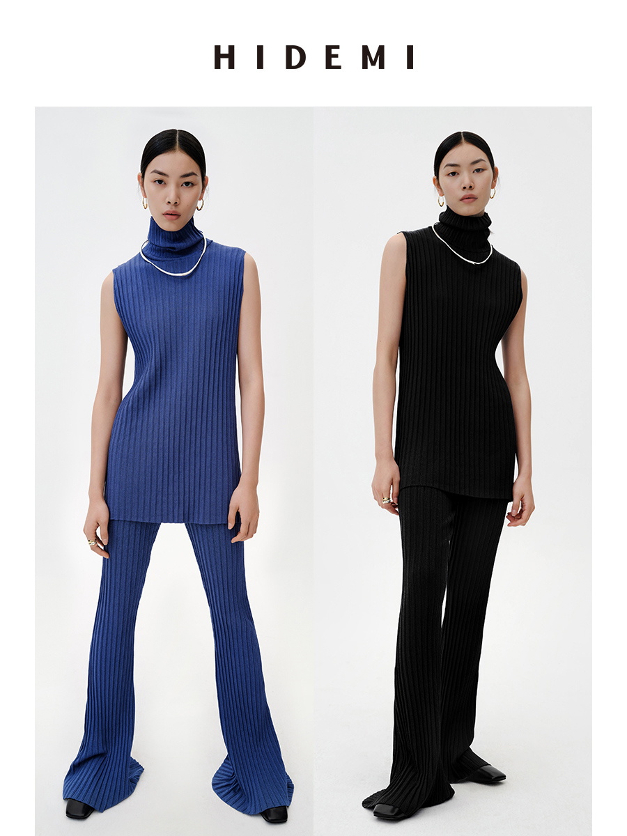 HIDEMI 纸片人超显瘦针织套装 高领背心/喇叭裤