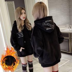 双面金丝绒秋冬季新款韩版时尚百搭显瘦中长款连帽卫衣女外套加绒加厚