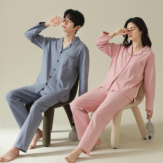 【舒肤棉】自然醒新疆棉情侣睡衣女春季新款长袖翻领开衫素色套装男士家居服可外穿JLM 商品图7