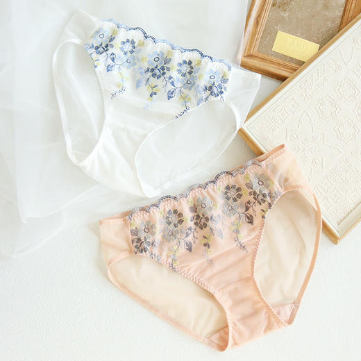TG-TG01S105真丝刺绣女内裤 中腰无痕蕾丝性感桑蚕丝三角裤包臀透气短裤 商品图0