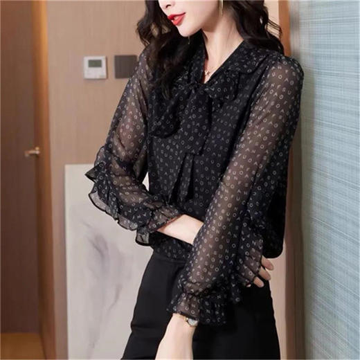 性感时尚衬衫内搭打底印花飘带洋气雪纺扎染系带别致法式上衣  TR-CFM6917 商品图1