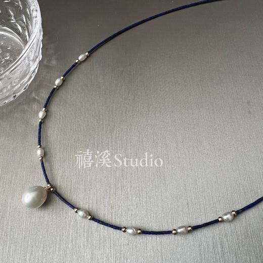 禧溪珠宝 伊斯坦布尔风情 极细青金石项链，配小米珠，冷白光完美水滴形珍珠吊坠，异域 商品图0