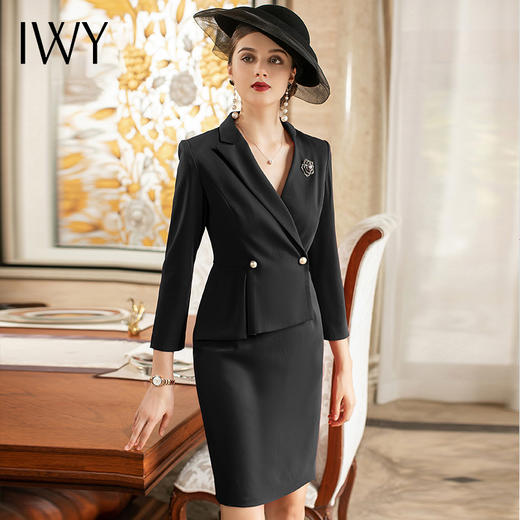 IWY/黑色女职业气质黑色假两件长袖西装连衣裙Q520—B 商品图1