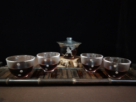 华艺银坊 踏梅五件套 家用会客茶杯 办公室会客茶杯 水晶无铅玻璃杯 加纯银990