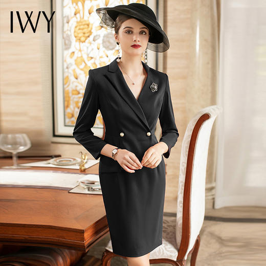 IWY/黑色女职业气质黑色假两件长袖西装连衣裙Q520—B 商品图2