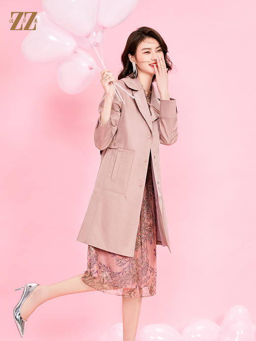 佐尔美2022 春夏新款 蓝色粉色中长款风衣大衣外套女 E11FZ08 商品图3