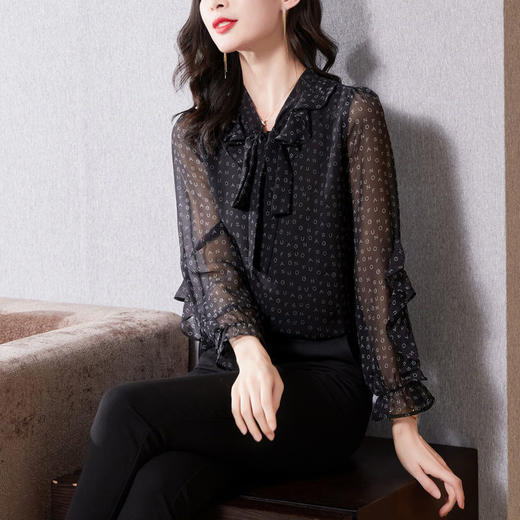 性感时尚衬衫内搭打底印花飘带洋气雪纺扎染系带别致法式上衣  TR-CFM6917 商品图2