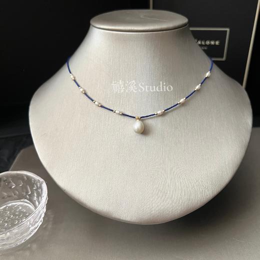 禧溪珠宝 伊斯坦布尔风情 极细青金石项链，配小米珠，冷白光完美水滴形珍珠吊坠，异域 商品图2