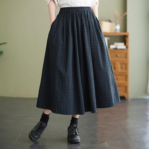 GYH  8281复古棉麻高腰格子半身裙 商品图1