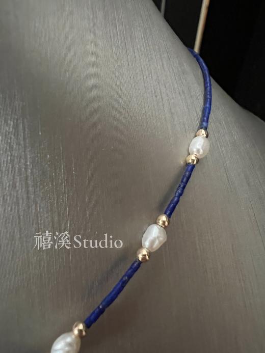 禧溪珠宝 伊斯坦布尔风情 极细青金石项链，配小米珠，冷白光完美水滴形珍珠吊坠，异域 商品图3