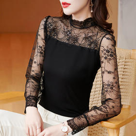 KQL- E001M6154 2022春夏新款纯色莫代尔拼接蕾丝衫半高领修身显瘦打底衫长袖