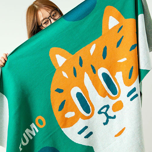 【幸运土猫】超级大猫lulu如茉家居休闲盖毯绿色披巾全棉针织提花原创设计 商品图1