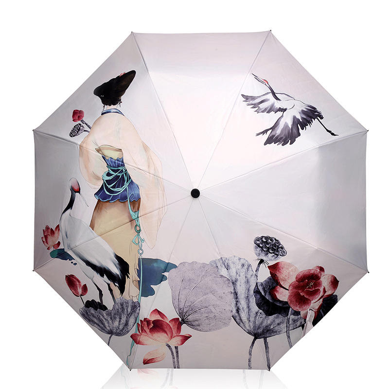 民族风遮阳两用折叠伞，黑胶小清新晴雨伞太阳伞TH600752鹤女