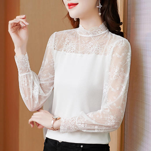 KQL- E001M6154 2022春夏新款纯色莫代尔拼接蕾丝衫半高领修身显瘦打底衫长袖 商品图1