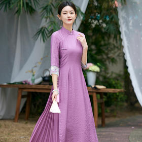2022春夏新品国风时尚新款女士中式压褶奥黛旗袍枫庭刺绣连衣裙 LX21082