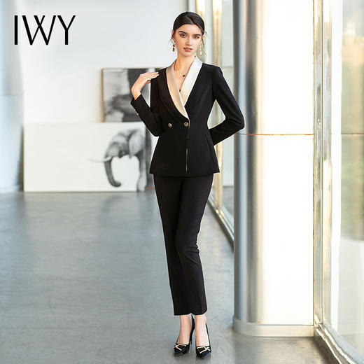 IWY/高级感时装气质接黑色拼香槟色醋酸西装外套女职业西服套装CP1471 商品图2