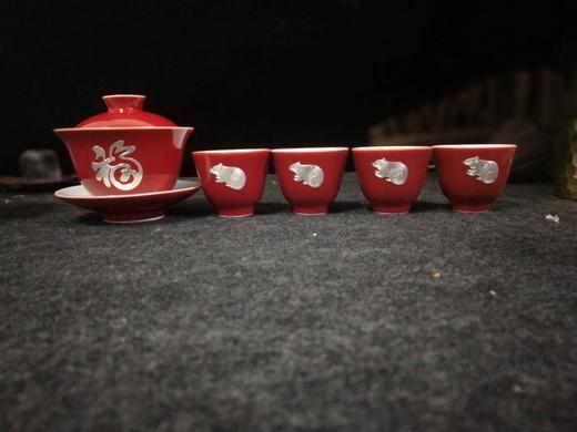 华艺银坊 银鼠送福系列贴银套装茶具礼品 景德镇陶瓷 纯银990 商品图2
